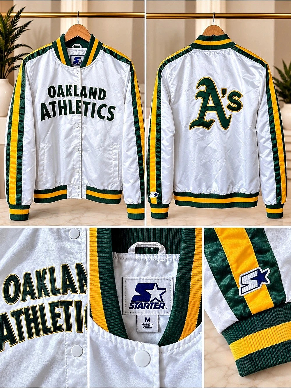 Starter Oakland Athletics MLB Satin Bomber Jacket White & Green Medium